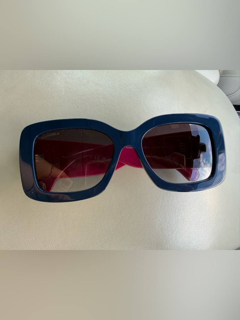 Chanel Blue Frame Sunglasses With Pink Temples